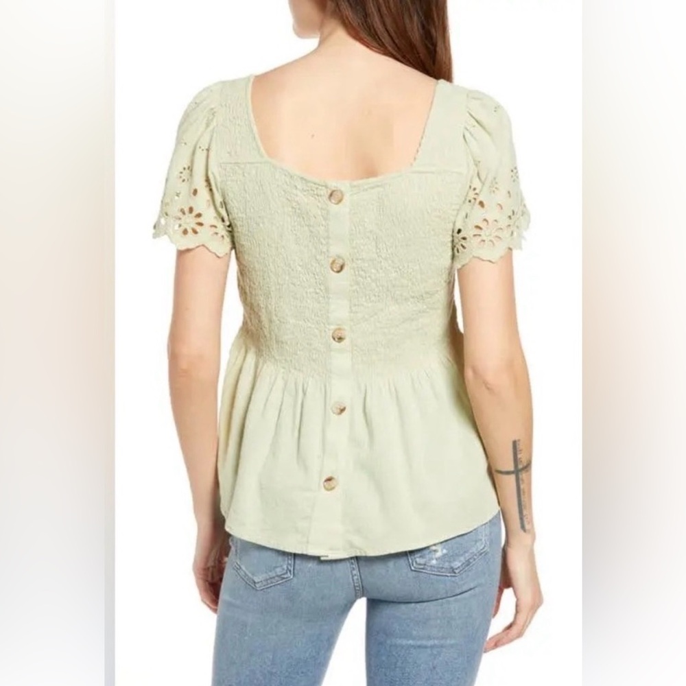 Madewell Kate Eyelet Shirred Top Size Small in Faded Seagrass